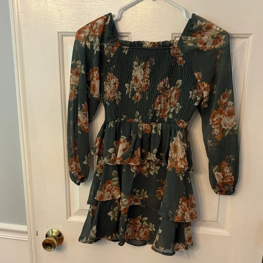 Rare Editions Olive Green Floral Tiered Puff-Sleeve Girls Dress